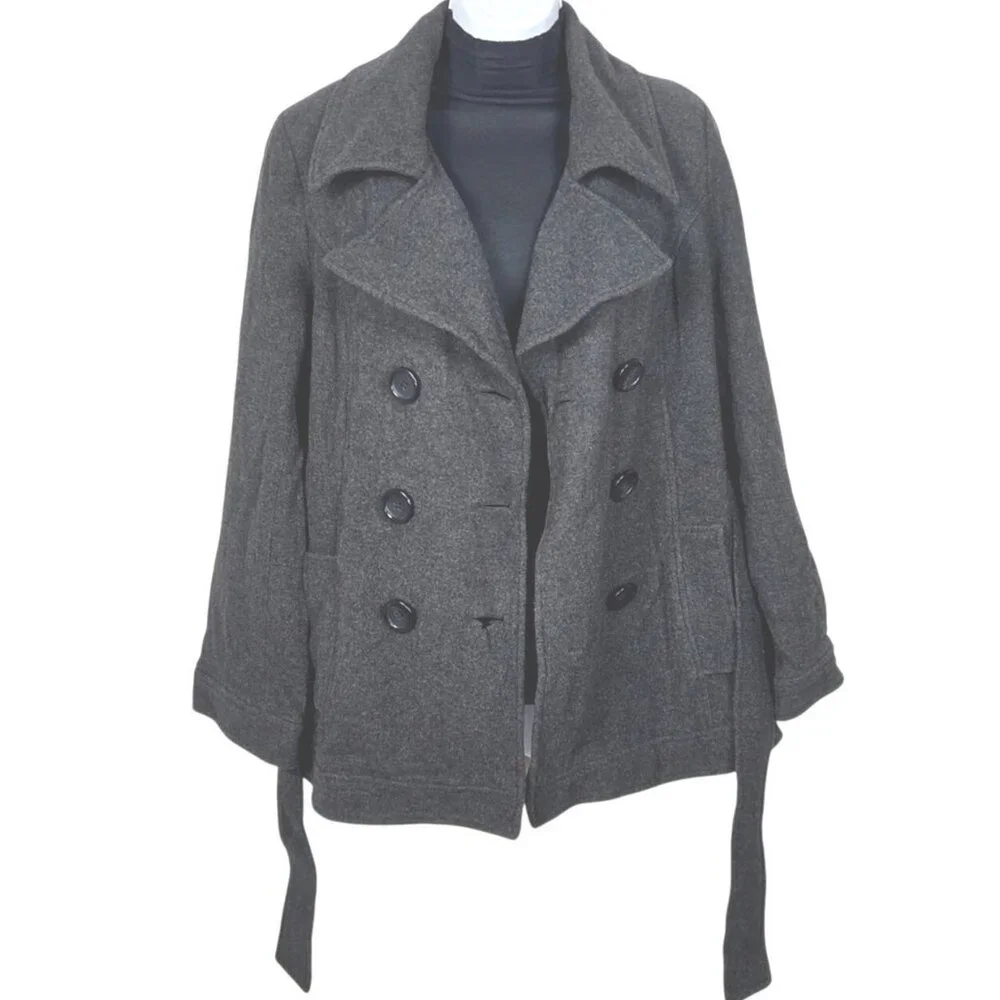 Merona Womens Charcoal Gray Double-Breasted Wool Blend Trench Coat With Belt XL - Picture 3 of 7